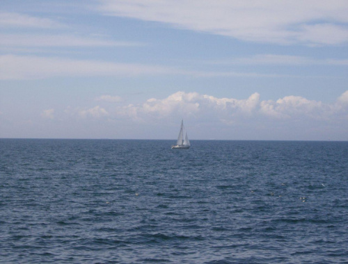 Samotny żagiel na pełnym morzu. Widok ze skał Jons Kapel.
