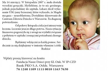 http://pomagamy.dbv.pl/ #Apel #ChoreDzieci #NaszeDzieci #darowizna #Fiedziuszko #fundacja #GuzNadnercza #MagdaTeląszka #Neuroblastoma #OpiekaRehabilitacyjna #PomocCharytatywna #PomocDzieciom #PomocnaDłoń #PrzerzutyDoKościCzaszki #rehabilitacja