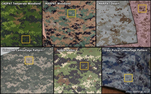 Porównanie pikseelowych wzorów maskujących: CADPAT Temperate Woodland (armia Kanady), MARPAT Woodland, MARPAT Desert (US Marines), Universal Camouflage Pattern (US Army) i kamuflażu policji Iraku.
